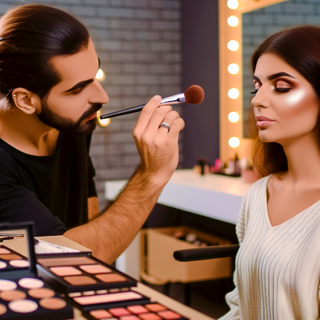آرایشگر در حال کانتورینگ صورت زیبا.