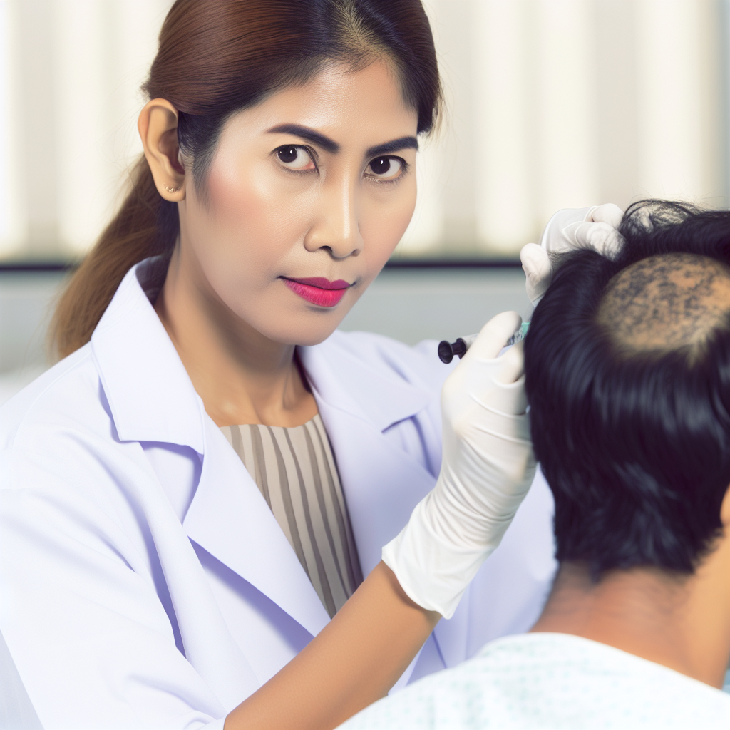 پزشک در حال انجام مزوتراپی بر روی موهای بیمار.