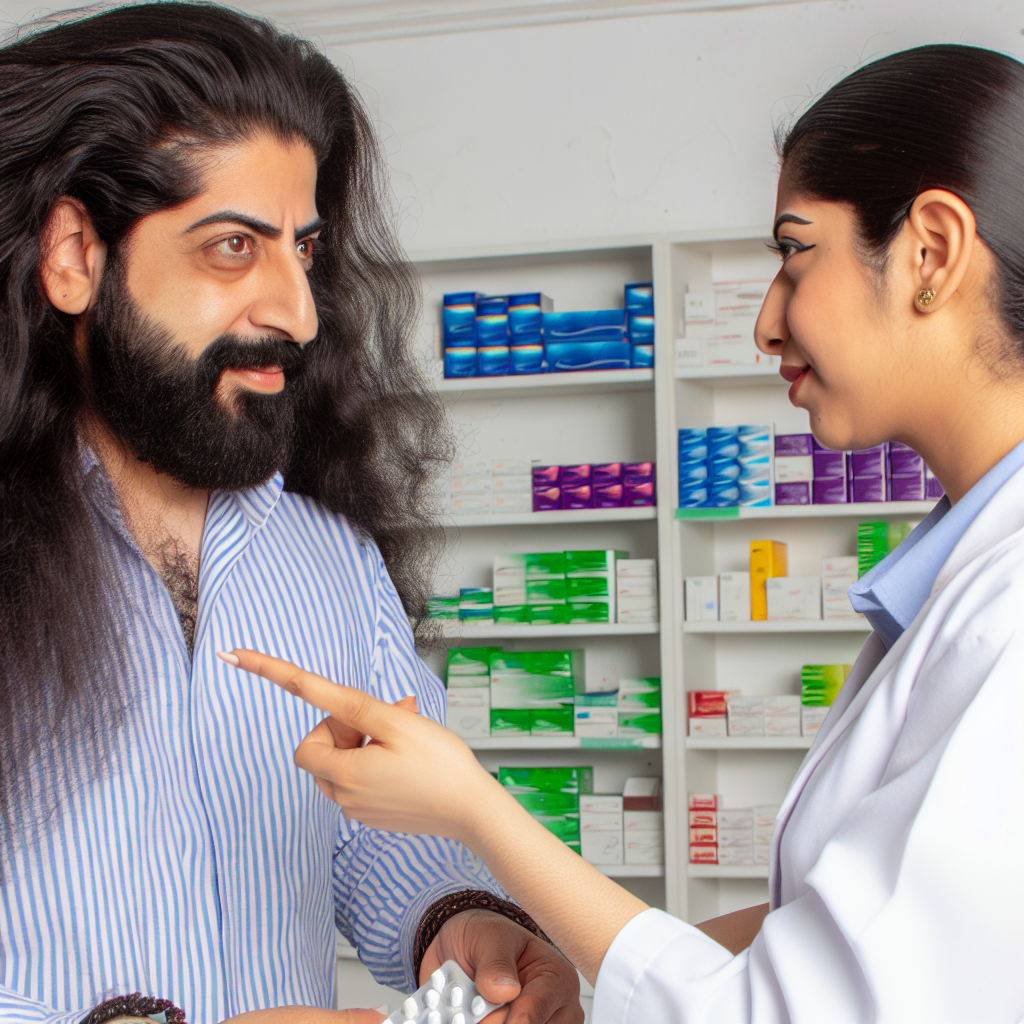 یک مرد با موهای فراگیر در حال مشاوره با داروساز است.